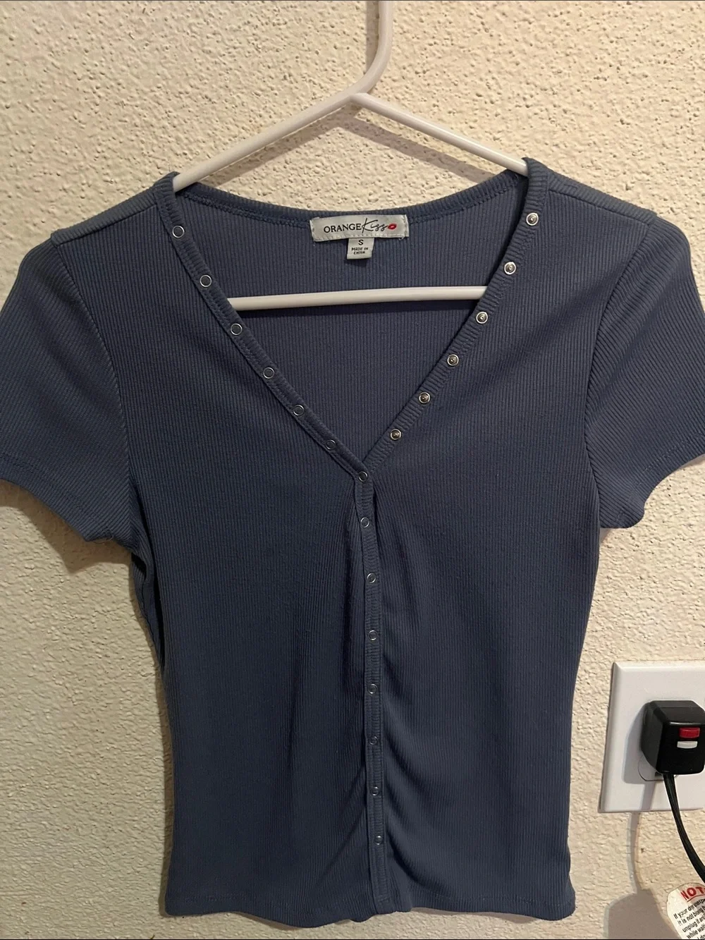 Navy Snap-Front Ribbed Short Sleeve Top